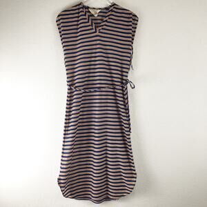Vintage Striped V-Neck Tie Waist Midi Dress Lightweight Pullover Union Made S/M